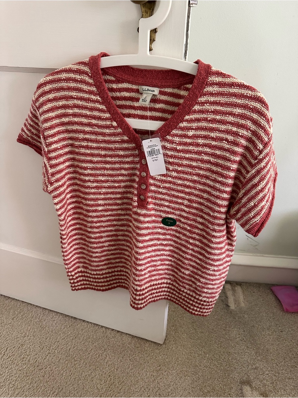 L.L. Bean Red and White Striped Short-Sleeve Henley Top